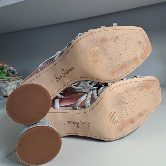 Sam Edelman Daffodil Gray Leather Croc Embossed Strappy Block Heel Sandals 9M - Picture 7 of 10